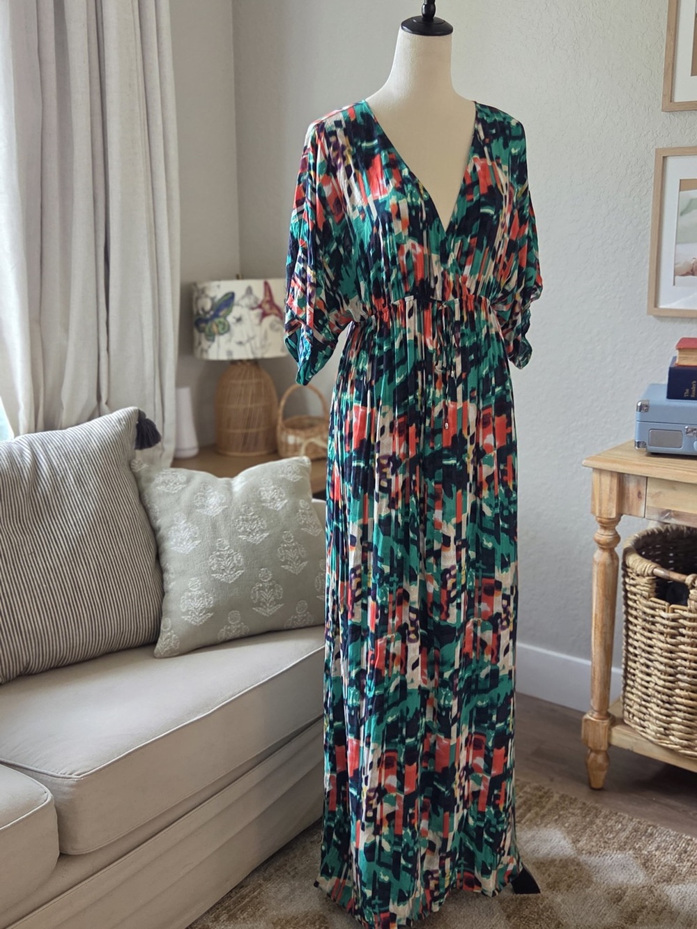 Calvin Klein V-Neck Abstract Print Maxi Dress - Green & Coral